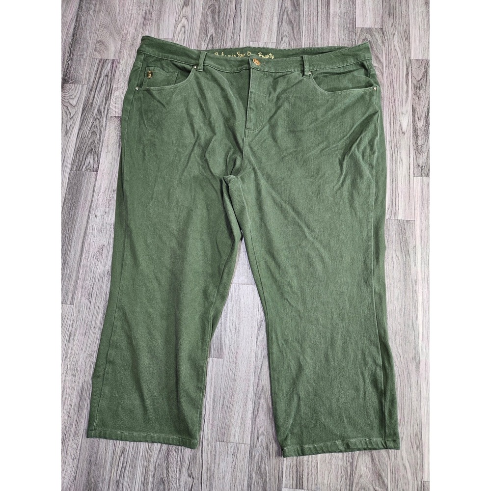 Belle by Kim Gravel Crop Pants Women 26W Olive Green Stretch Jeans Denim